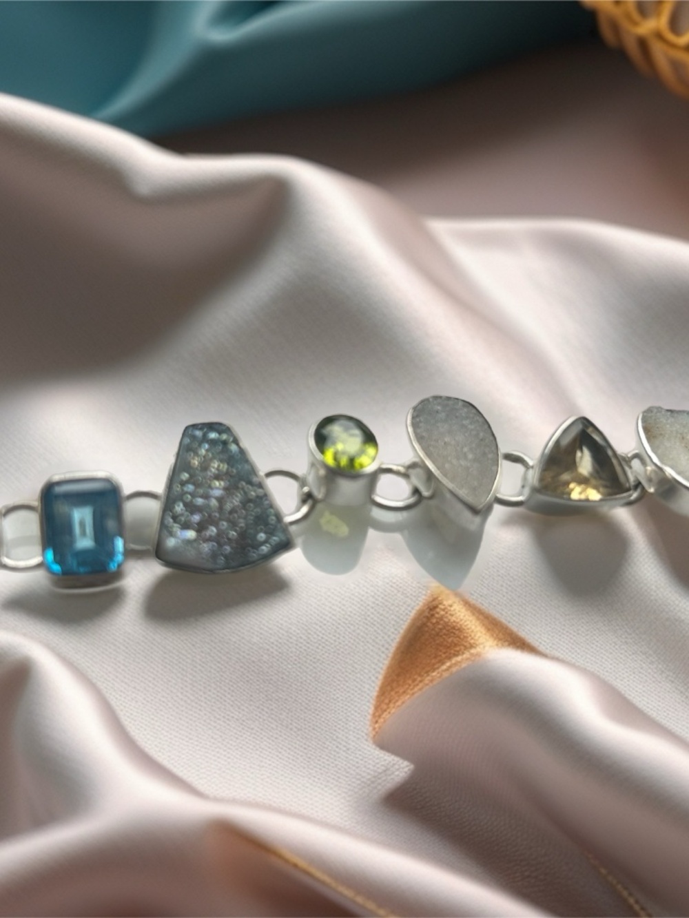 Sterling Silver Semi Precious Stone Bracelet Blue Topaz, Peridot,Citrine & Druzy - Picture 2 of 7